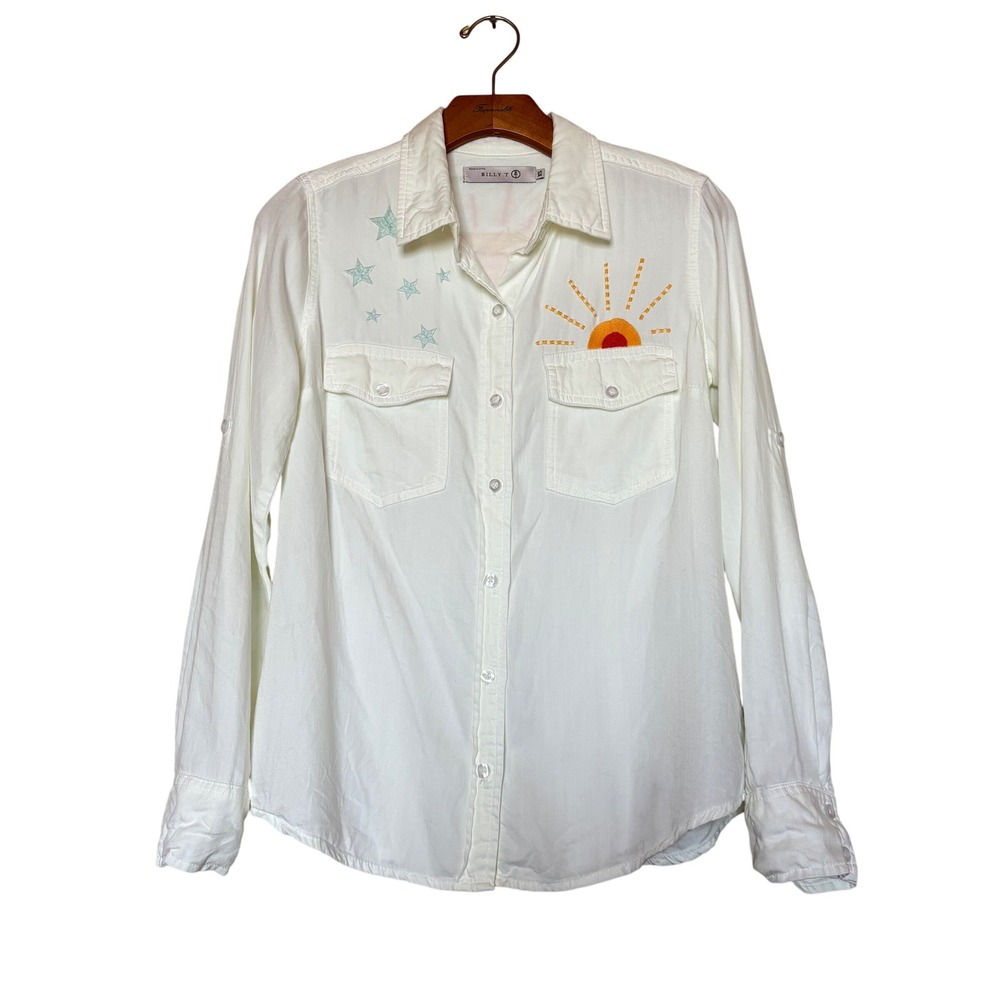 BILLY T Womens White Embroidered Sun Star Long‎ Sleeve Button Up Shirt XS